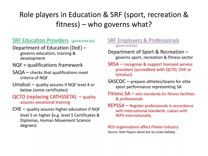 role players in education srf sport recreation fitness who governs what