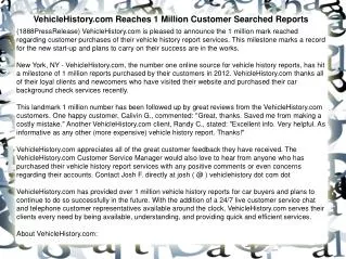 VehicleHistory.com Reaches 1 Million Customer Searched Repor