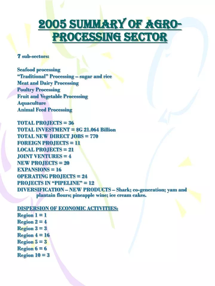 2005 summary of agro processing sector
