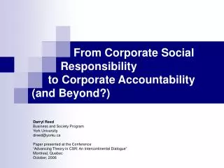 From Corporate Social 	 Responsibility 	 to Corporate Accountability (and Beyond?)