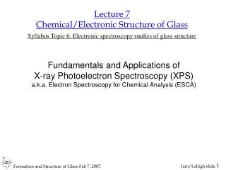 Lecture 7 Chemical/Electronic Structure of Glass Syllabus Topic 6. Electronic spectroscopy studies of glass structure