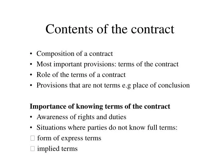 contents of the contract