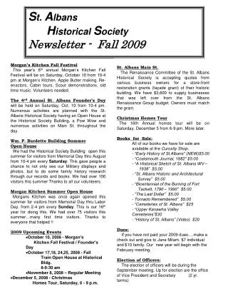 S t. A lbans H istorical S ociety Newsletter - Fall 2009