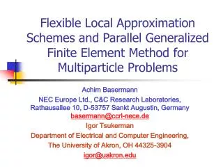 Flexible Local Approximation Schemes and Parallel Generalized Finite Element Method for Multiparticle Problems