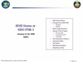 HMI Status at SDO PSR-1