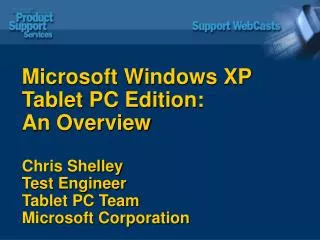Microsoft Windows XP Tablet PC Edition: An Overview Chris Shelley Test Engineer Tablet PC Team Microsoft Corporation