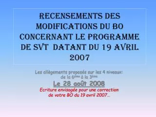 Recensements Des modifications du BO concernant le programme de SVT datant du 19 avril 2007