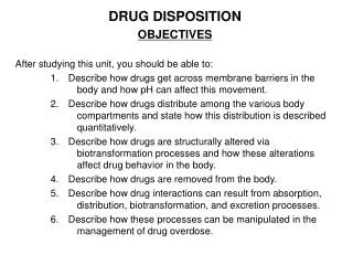 DRUG DISPOSITION OBJECTIVES After studying this unit, you should be able to: