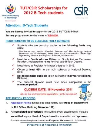 TUT/CSIR Scholarships for 2012 B-Tech students