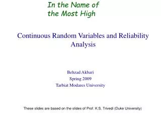Continuous Random Variables and Reliability Analysis