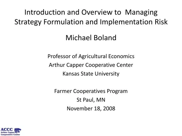 introduction and overview to managing strategy formulation and implementation risk