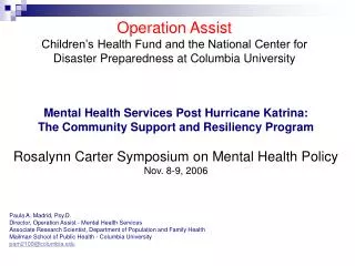 Operation Assist Children’s Health Fund and the National Center for Disaster Preparedness at Columbia University