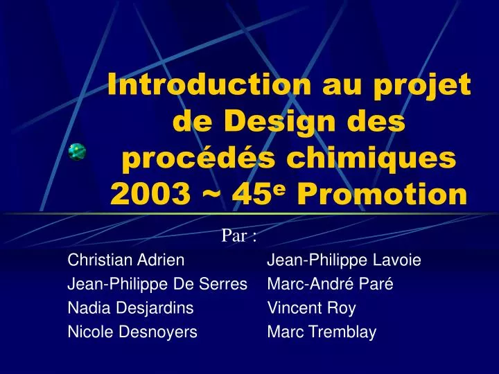 introduction au projet de design des proc d s chimiques 2003 45 e promotion