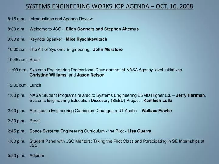 systems engineering workshop agenda oct 16 2008