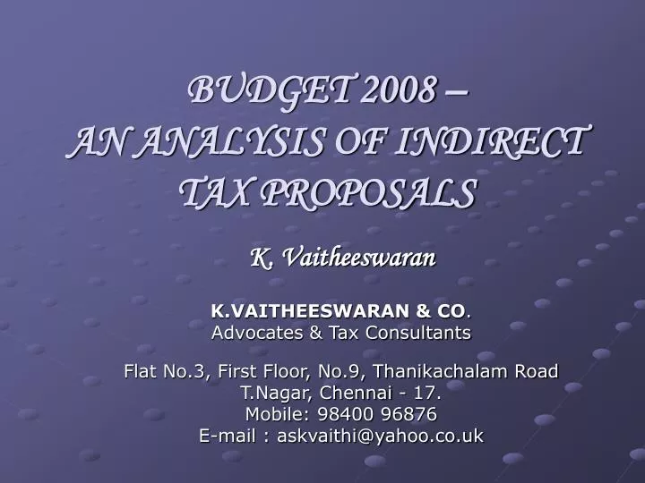 budget 2008 an analysis of indirect tax proposals