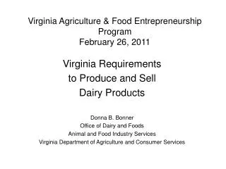 Virginia Agriculture &amp; Food Entrepreneurship Program February 26, 2011