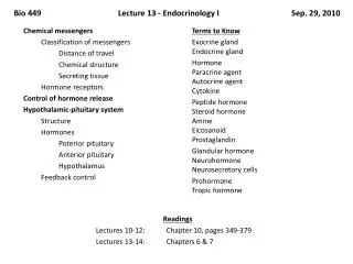Bio 449	Lecture 13 - Endocrinology I 	Sep. 29, 2010