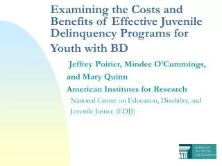 Examining the Costs and Benefits of Effective Juvenile Delinquency Programs for Youth with BD