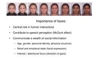 Importance of faces: Central role in human interactions Contribute to speech perception (McGurk effect) Communicate a we