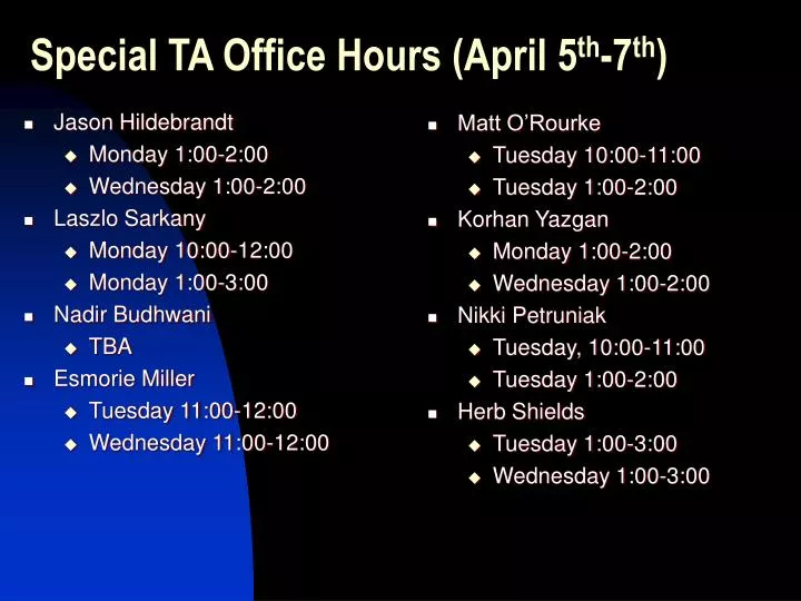 special ta office hours april 5 th 7 th