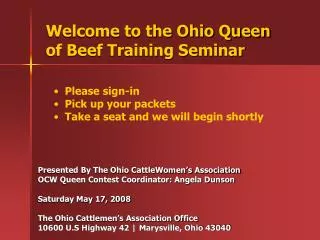 Welcome to the Ohio Queen of Beef Training Seminar