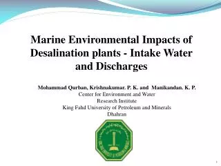 Marine Environmental Impacts of Desalination plants - Intake Water and Discharges