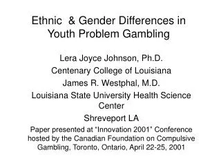 Ethnic &amp; Gender Differences in Youth Problem Gambling