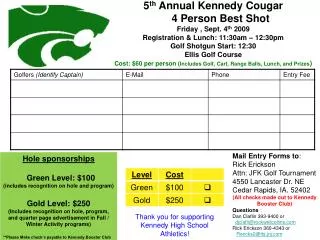 5 th Annual Kennedy Cougar 4 Person Best Shot Friday , Sept. 4 th 2009 Registration &amp; Lunch: 11:30am – 12:30p