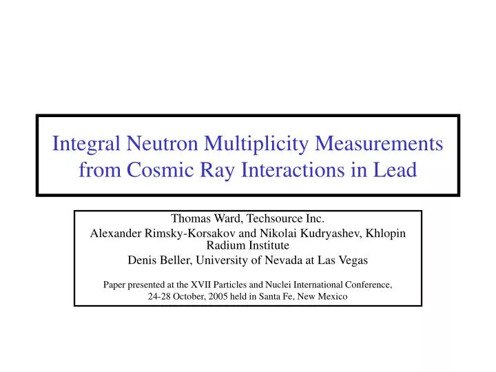 integral neutron multiplicity measurements from cosmic ray interactions in lead