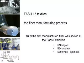 FASH 15 textiles the fiber manufacturing process 1889 the first manufactured fiber was shown at the Paris Exhibition 191