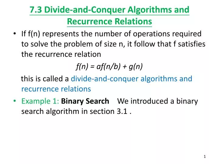 7 3 divide and conquer algorithms and recurrence relations