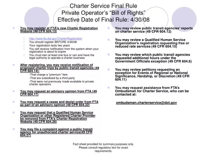 charter service final rule private operator s bill of rights effective date of final rule 4 30 08