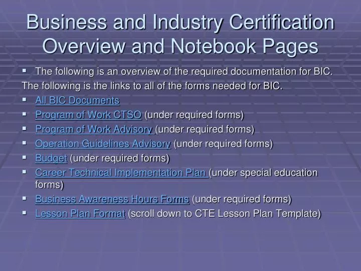 business and industry certification overview and notebook pages