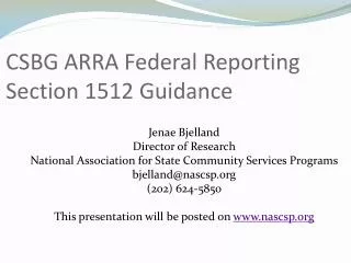 CSBG ARRA Federal Reporting Section 1512 Guidance