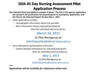 DDA 45 Day Nursing Assessment Pilot Application Process .