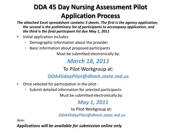 dda 45 day nursing assessment pilot application process