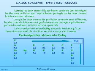 LIAISON COVALENTE - EFFETS ELECTRONIQUES