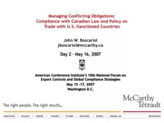 Managing Conflicting Obligations: Compliance with Canadian Law and Policy on Trade with U.S.-Sanctioned Countries