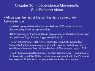 Chapter 30: Independence Movements Sub-Saharan Africa