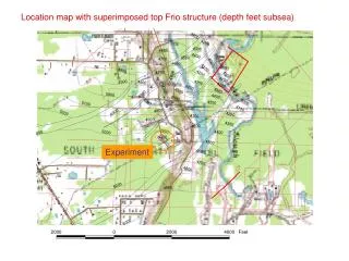 Location map with superimposed top Frio structure (depth feet subsea)