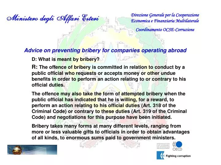 advice on preventing bribery for companies operating abroad