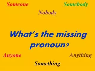 Someone Somebody Nobody What’s the missing pronoun? Anyone Anything Something