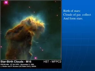 Birth of stars: Clouds of gas collect And form stars.