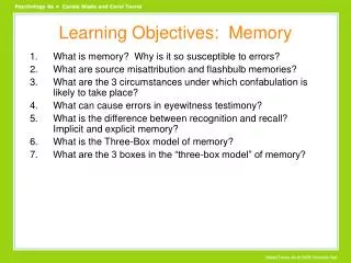 Learning Objectives: Memory