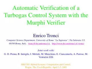 Automatic Verification of a Turbogas Control System with the Murphi Verifier