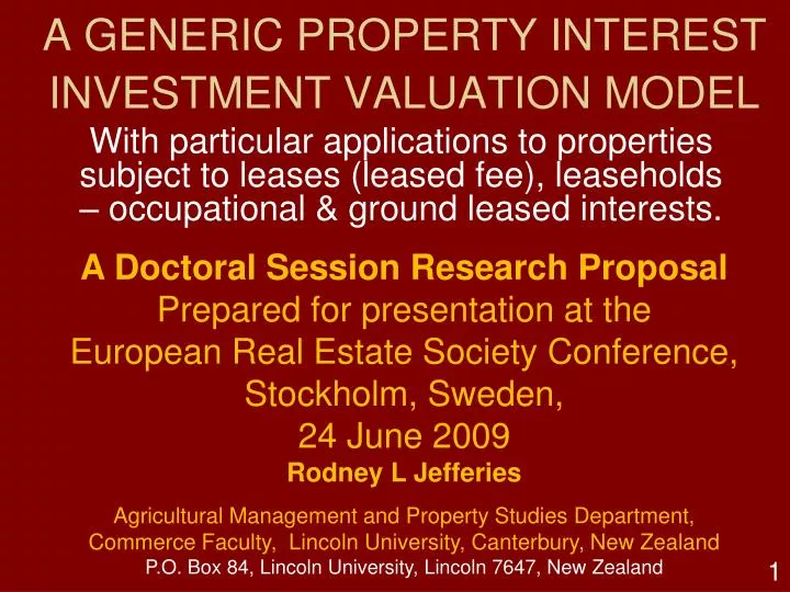 a generic property interest investment valuation model