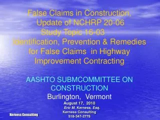 False Claims in Construction, Update of NCHRP 20-06 Study Topic 16-03