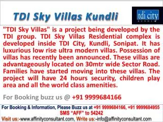 TDI new residential project Sky Villas Kundli @ 09999684166