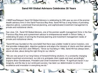 Sand Hill Global Advisors Celebrates 30 Years