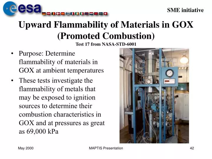upward flammability of materials in gox promoted combustion test 17 from nasa std 6001